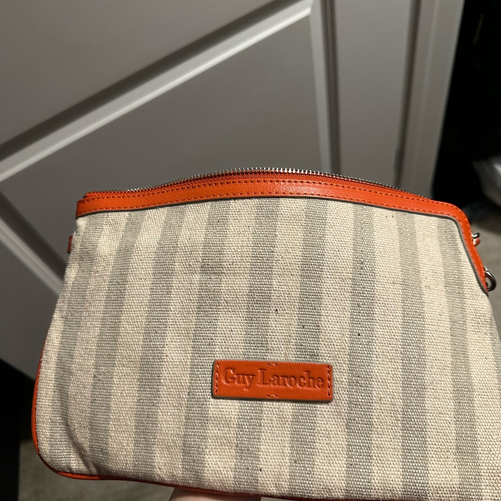 Guy Laroche Beige Striped Pouch with Orange Accents